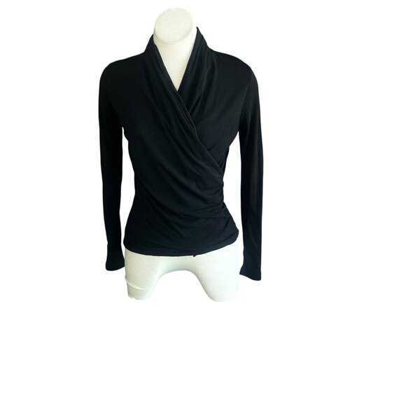 Alfani Black Silk Mesh Crop Faux Wrap Long Sleeve Top Size Medium - Picture 1 of 8